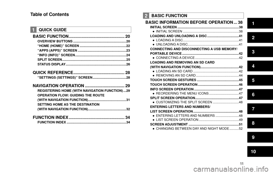 SUBARU OUTBACK 2017 6.G Multimedia System Manual 1
2
3
4
5
6
7
8
9
10
11
Table of Contents
1QUICK GUIDE
BASIC FUNCTION ................................................ 20
OVERVIEW BUTTONS .........................................................20
