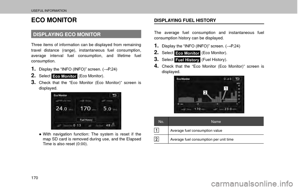 SUBARU OUTBACK 2017 6.G Multimedia System Manual USEFUL INFORMATION
170
ECO MONITOR
DISPLAYING ECO MONITOR
Three items of information can be displayed from remaining 
travel distance (range), instantaneous fuel consumption, 
average interval fuel co