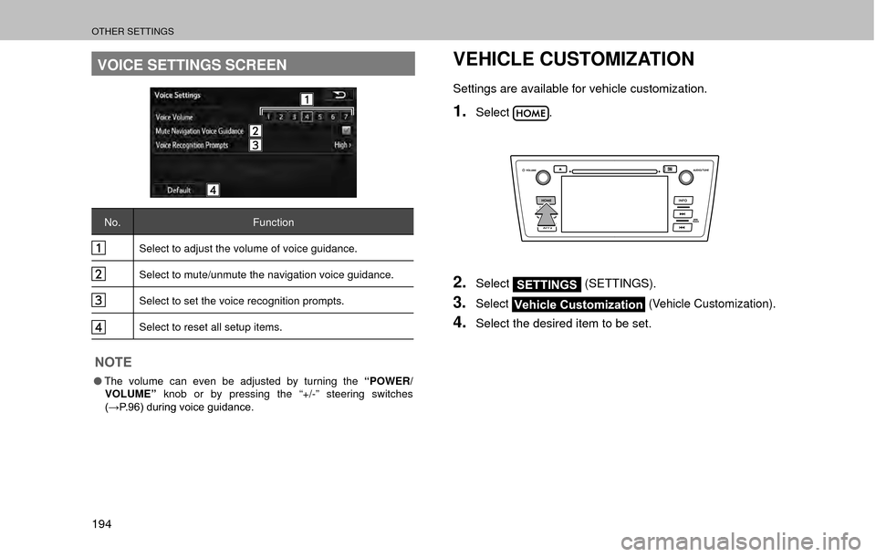 SUBARU OUTBACK 2017 6.G Multimedia System Manual OTHER SETTINGS
194
VOICE SETTINGS SCREEN
No.Function
Select to adjust the volume of voice guidance.
Select to mute/unmute the navigation voice guidance.
Select to set the voice recognition prompts.
Se