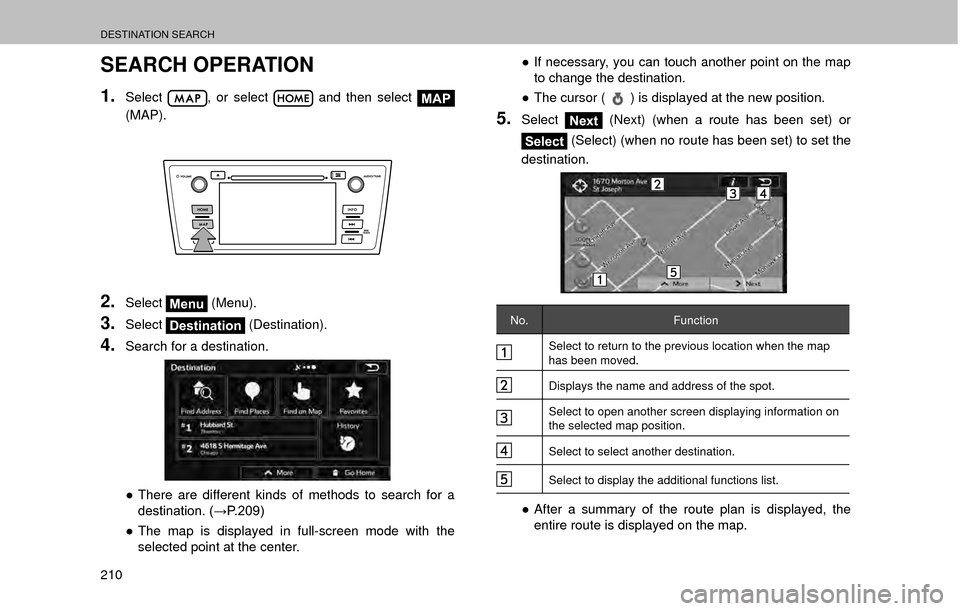 SUBARU OUTBACK 2017 6.G Multimedia System Manual DESTINATION SEARCH
210
SEARCH OPERATION
1.Select, or select  and then select MAP
(MAP).
2.SelectMenu  (Menu).
3.SelectDestination  (Destination).
4.Search for a destination.
”
There are different k