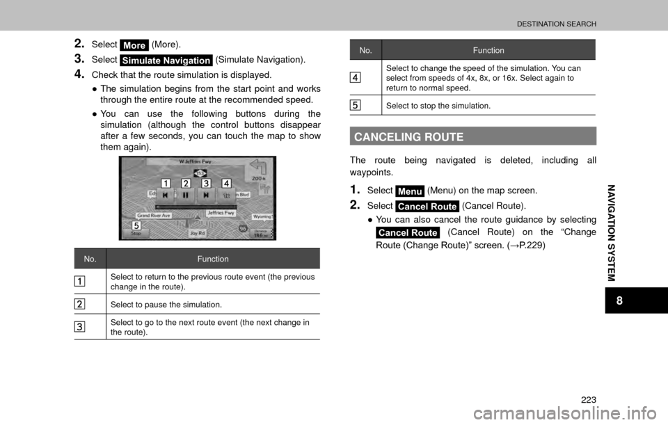 SUBARU OUTBACK 2017 6.G Multimedia System Manual DESTINATION SEARCH
223
NAVIGATION SYSTEM
8
2.SelectMore (More).
3.SelectSimulate Navigation  (Simulate Navigation).
4.Check that the route simulation is displayed.
”
The simulation begins from the 