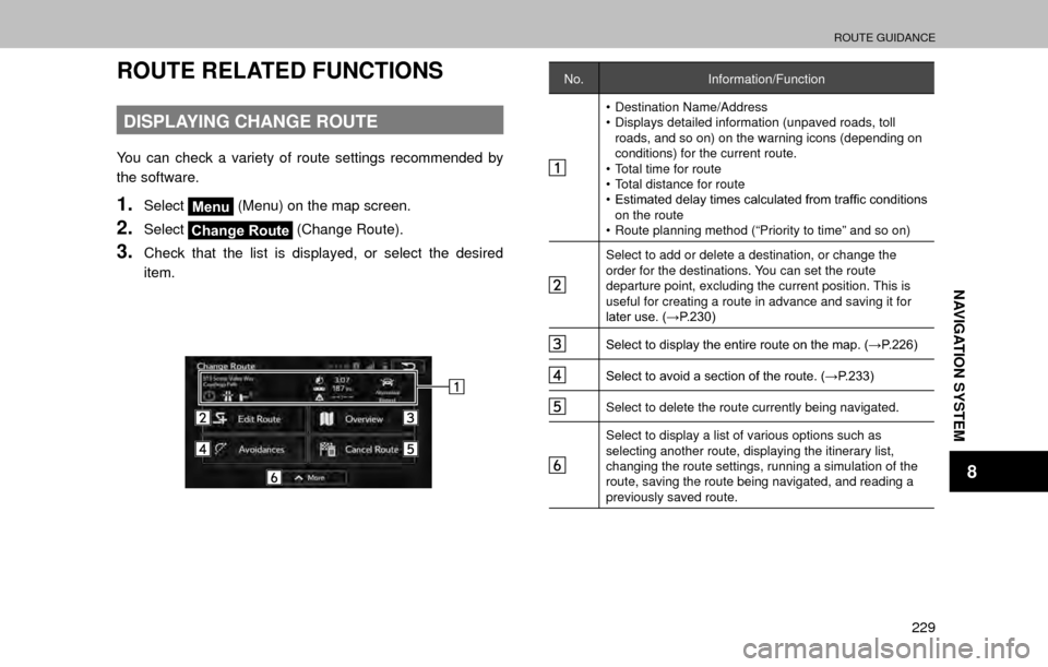 SUBARU OUTBACK 2017 6.G Multimedia System Manual ROUTE GUIDANCE
229
NAVIGATION SYSTEM
8
ROUTE RELATED FUNCTIONS
DISPLAYING CHANGE ROUTE
You can check a variety of route settings recommended by 
the software.
1.SelectMenu (Menu) on the map screen.
2.