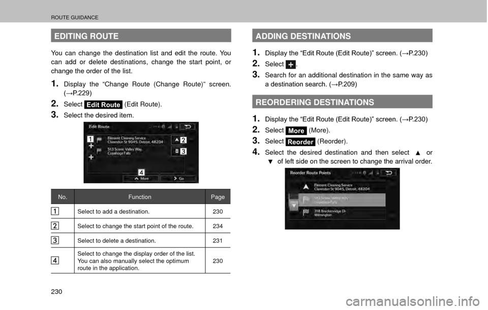 SUBARU OUTBACK 2017 6.G Multimedia System Manual ROUTE GUIDANCE
230
EDITING ROUTE
You can change the destination list and edit the route. You 
can add or delete destinations, change the start point, or 
change the order of the list.
1.Display the 