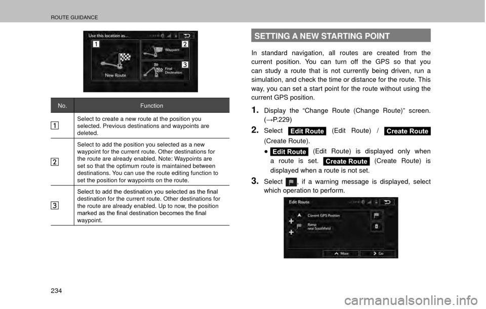 SUBARU OUTBACK 2017 6.G Multimedia System Manual ROUTE GUIDANCE
234
No.Function
Select to create a new route at the position you 
selected. Previous destinations and waypoints are 
deleted.
Select to add the position you selected as a new 
waypoint 