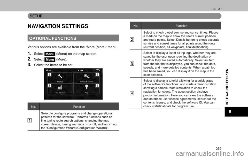 SUBARU OUTBACK 2017 6.G Multimedia System Manual SETUP
239
NAVIGATION SYSTEM
8
SETUP
NAVIGATION SETTINGS
OPTIONAL FUNCTIONS
Various options are available from the “More (More)” menu.
1.SelectMenu (Menu) on the map screen.
2.SelectMore (More).
3.