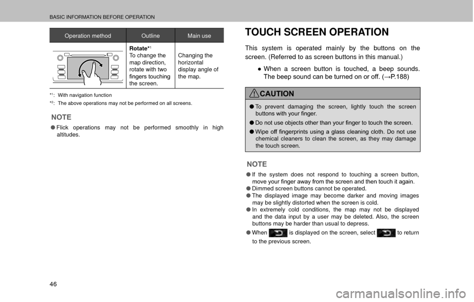 SUBARU OUTBACK 2017 6.G Multimedia System Manual BASIC INFORMATION BEFORE OPERATION
46
Operation methodOutline Main use
Rotate*1
To change the 
map direction, 
rotate with two 
�¿�Q�J�H�U�V��W�R�X�F�K�L�Q�J�
the screen.Changing the 
horizontal
di