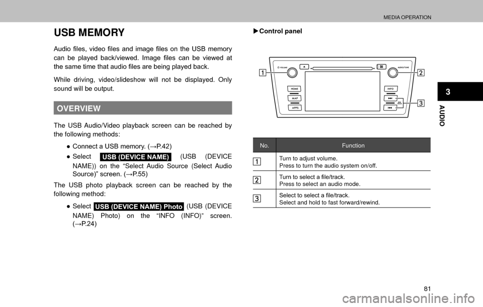 SUBARU OUTBACK 2017 6.G Multimedia System Manual MEDIA OPERATION
81
AUDIO
3
USB MEMORY
�$�X�G�L�R� �