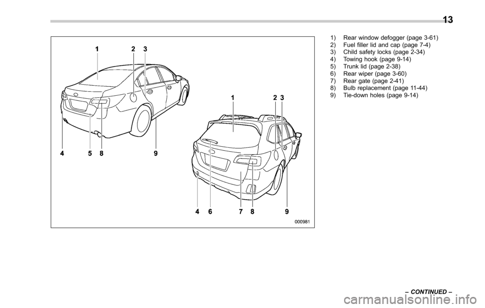 SUBARU OUTBACK 2017 6.G Owners Manual 1) Rear window defogger (page 3-61)
2) Fuel filler lid and cap (page 7-4)
3) Child safety locks (page 2-34)
4) Towing hook (page 9-14)
5) Trunk lid (page 2-38)
6) Rear wiper (page 3-60)
7) Rear gate (