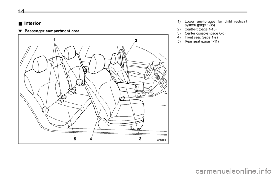 SUBARU OUTBACK 2017 6.G User Guide &Interior
! Passenger compartment area
1) Lower anchorages for child restraint
system (page 1-36)
2) Seatbelt (page 1-16)
3) Center console (page 6-6)
4) Front seat (page 1-2)
5) Rear seat (page 1-11)