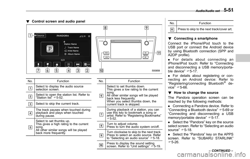SUBARU OUTBACK 2017 6.G Owners Manual !Control screen and audio panel
No. Function
&1Select to display the audio source
selection screen.
&2Select to open the station list. Refer to
“Station list ”F 5-52.
&3Select to skip the current 