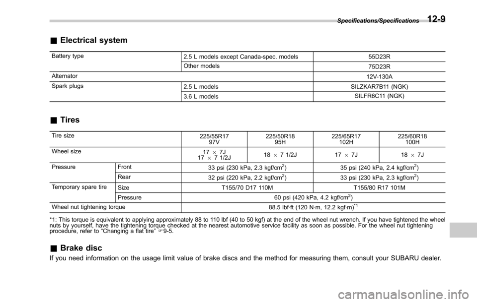 SUBARU OUTBACK 2017 6.G Owners Manual &Electrical system
Battery type
2.5 L models except Canada-spec. models 55D23R
Other models 75D23R
Alternator 12V-130A
Spark plugs 2.5 L models SILZKAR7B11 (NGK)
3.6 L models SILFR6C11 (NGK)
&
Tires
T