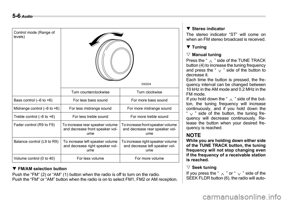 SUBARU TRIBECA 2006 1.G Owners Manual 5-6 Audio
�TFM/AM selection button
Push the “FM” (2) or “AM” (1) button when the radio is off to turn on the radio. 
Push the “FM” or “AM” button when the radio is on to select FM1, FM