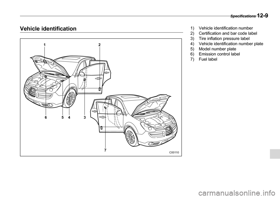 SUBARU TRIBECA 2006 1.G Owners Manual Specifications 12-9
Vehicle identification
2
1
5
64 3
7
C00110
1) Vehicle identification number
2) Certification and bar code label
3) Tire inflation pressure label
4) Vehicle identification number SUBARU TRIBECA 2006 1.G Owners Manual Specifications 12-9
Vehicle identification
2
1
5
64 3
7
C00110
1) Vehicle identification number
2) Certification and bar code label
3) Tire inflation pressure label
4) Vehicle identification number