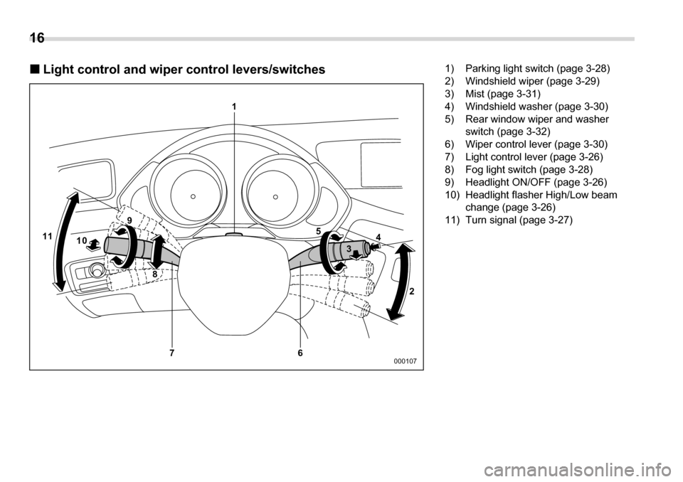 SUBARU TRIBECA 2007 1.G User Guide 16 
�„ Light control and wiper control levers/switches
1
65
4
3
2
7
8
9
11 10
000107
1) Parking light switch (page 3-28) 
2) Windshield wiper (page 3-29)
3) Mist (page 3-31) 
4) Windshield washer (p