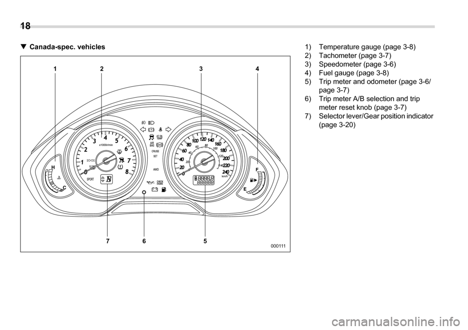 SUBARU TRIBECA 2007 1.G Owners Manual 18 
�T Canada-spec. vehicles
34
2
1
76 5
000111
1) Temperature gauge (page 3-8) 
2) Tachometer (page 3-7)
3) Speedometer (page 3-6) 
4) Fuel gauge (page 3-8) 
5) Trip meter and odometer (page 3-6/page