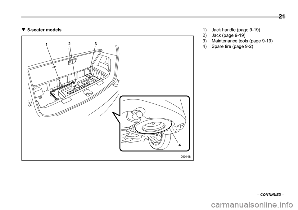 SUBARU TRIBECA 2007 1.G Owners Manual  21
–  CONTINUED  –
�T
5-seater models
1 3
4
2
000148
1) Jack handle (page 9-19) 
2) Jack (page 9-19)
3) Maintenance tools (page 9-19) 
4) Spare tire (page 9-2) 