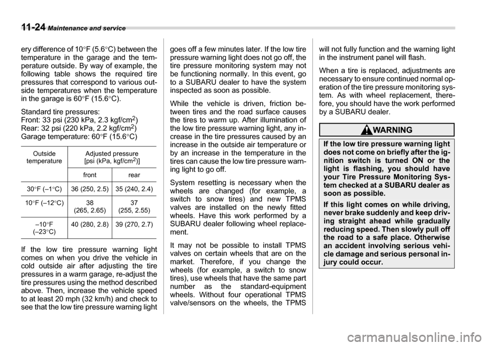 SUBARU TRIBECA 2007 1.G Owners Manual 11 - 2 4 Maintenance and service
ery difference of 10 °F (5.6 °C) between the
temperature in the garage and the tem- 
perature outside. By way of example, the
following table shows the required tire