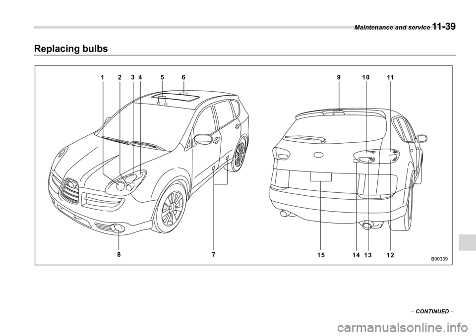SUBARU TRIBECA 2007 1.G Owners Manual Maintenance and service 11 - 3 9
–  CONTINUED  –
Replacing bulbs
69 10 11
12
13
14
5
4
23
1
715
8
B00339 