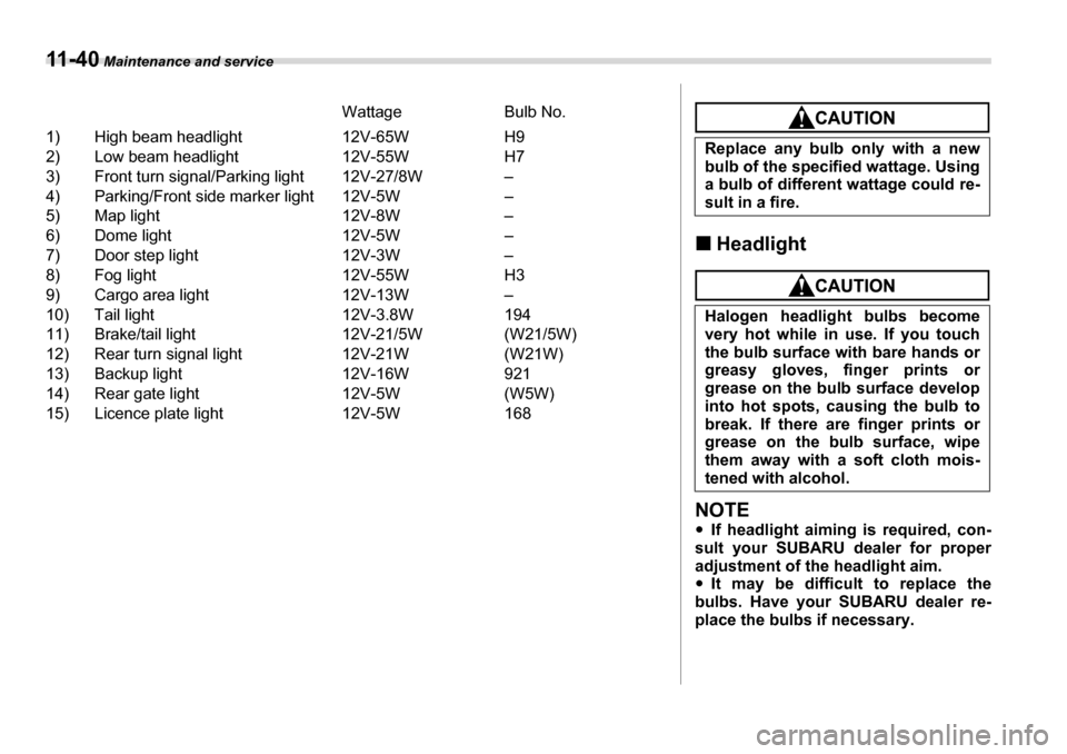 SUBARU TRIBECA 2007 1.G Owners Manual 11 - 4 0 Maintenance and service
Wattage Bulb No.
1) High beam headlight  12V-65W H9 
2) Low beam headlight 12V-55W H7
3) Front turn signal/Parking light 12V-27/8W – 
4) Parking/Front side marker li