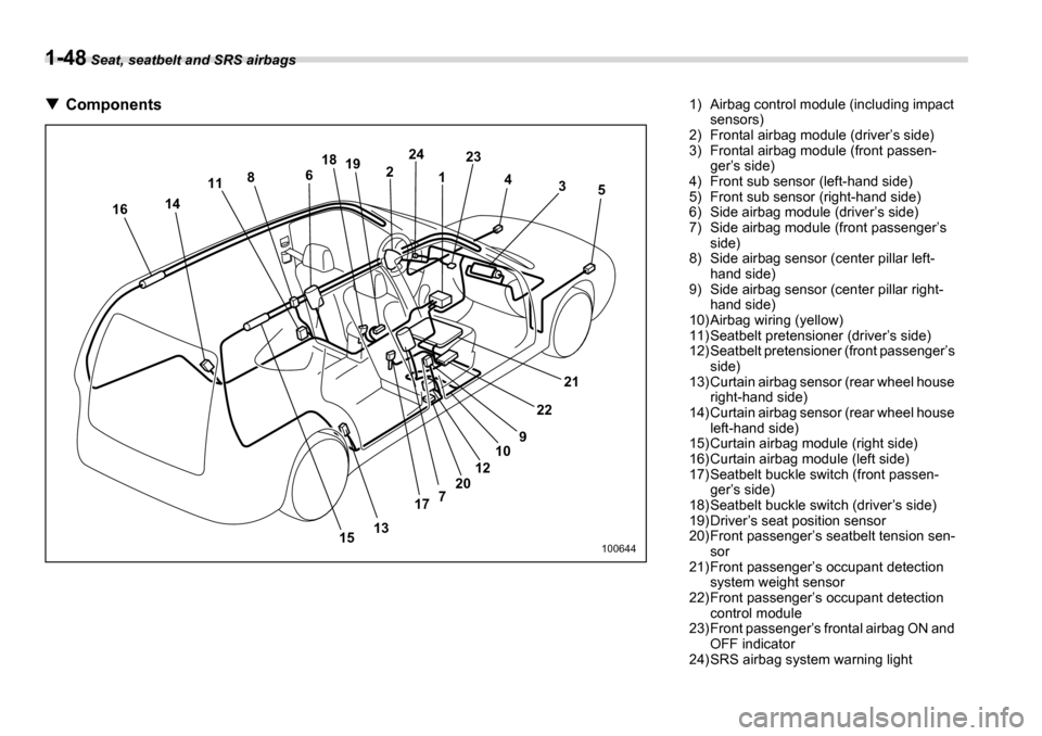SUBARU TRIBECA 2007 1.G Manual PDF 1-48 Seat, seatbelt and SRS airbags
�T Components
1
2
3
4
5
21
22
9
7 10
12
20
17
13
6
18
19 24
23
8
11
14
15
16
100644
1) Airbag control module (including impact 
sensors)
2) Frontal airbag module (d