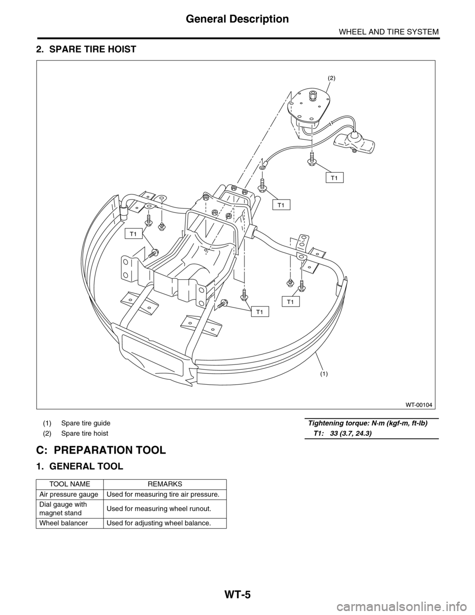 SUBARU TRIBECA 2009 1.G Service Workshop Manual WT-5
General Description
WHEEL AND TIRE SYSTEM
2. SPARE TIRE HOIST
C: PREPARATION TOOL
1. GENERAL TOOL
(1) Spare tire guide Tightening torque: N·m (kgf-m, ft-lb)
(2) Spare tire hoist T1: 33 (3. SUBARU TRIBECA 2009 1.G Service Workshop Manual WT-5
General Description
WHEEL AND TIRE SYSTEM
2. SPARE TIRE HOIST
C: PREPARATION TOOL
1. GENERAL TOOL
(1) Spare tire guide Tightening torque: N·m (kgf-m, ft-lb)
(2) Spare tire hoist T1: 33 (3.