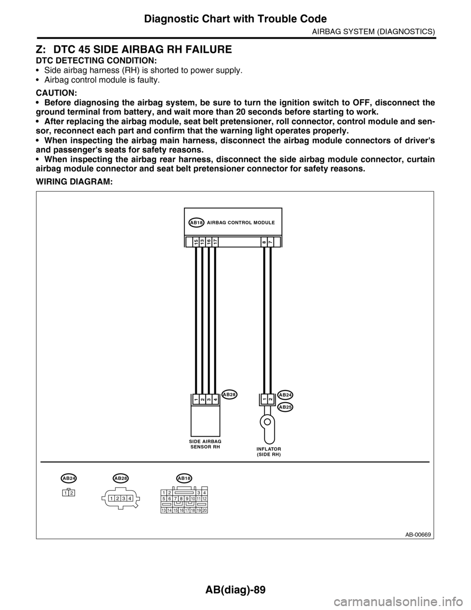 SUBARU TRIBECA 2009 1.G Service Service Manual AB(diag)-89
Diagnostic Chart with Trouble Code
AIRBAG SYSTEM (DIAGNOSTICS)
Z: DTC 45 SIDE AIRBAG RH FAILURE
DTC DETECTING CONDITION:
•Side airbag harness (RH) is shorted to power supply.
•Airbag c SUBARU TRIBECA 2009 1.G Service Service Manual AB(diag)-89
Diagnostic Chart with Trouble Code
AIRBAG SYSTEM (DIAGNOSTICS)
Z: DTC 45 SIDE AIRBAG RH FAILURE
DTC DETECTING CONDITION:
•Side airbag harness (RH) is shorted to power supply.
•Airbag c