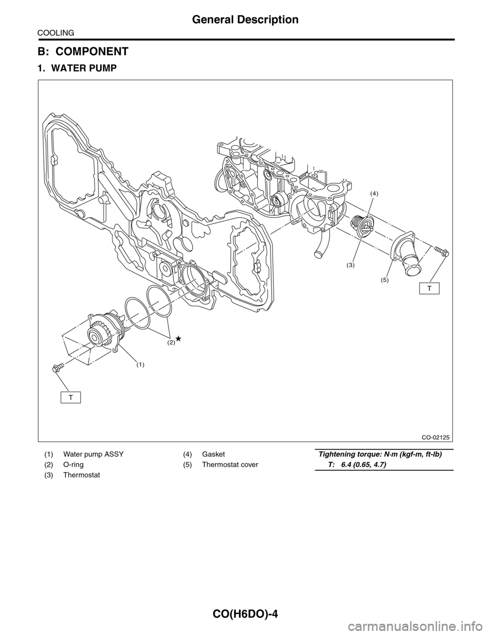 SUBARU TRIBECA 2009 1.G Service Workshop Manual CO(H6DO)-4
General Description
COOLING
B: COMPONENT
1. WATER PUMP
(1) Water pump ASSY (4) GasketTightening torque: N·m (kgf-m, ft-lb)
(2) O-ring (5) Thermostat coverT: 6.4 (0.65, 4.7)
(3) Thermostat 