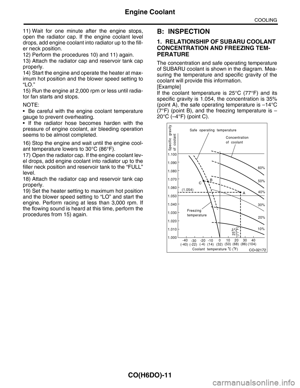 SUBARU TRIBECA 2009 1.G Service Workshop Manual CO(H6DO)-11
Engine Coolant
COOLING
11) Wait  for  one  minute  after  the  engine  stops,
open  the  radiator  cap.  If  the  engine  coolant  level
drops, add engine coolant into radiator up to the f