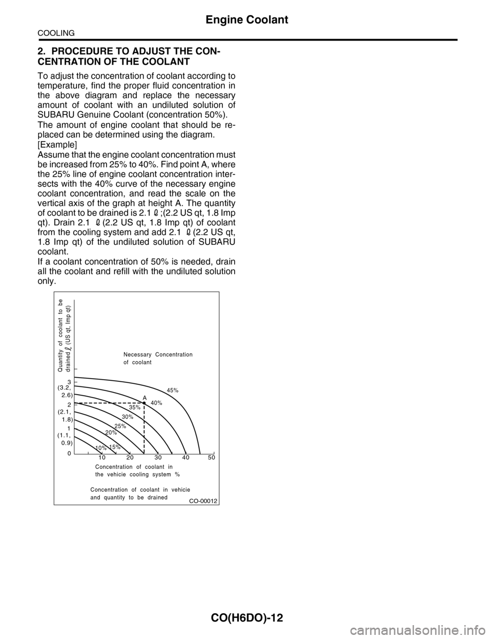 SUBARU TRIBECA 2009 1.G Service Workshop Manual CO(H6DO)-12
Engine Coolant
COOLING
2. PROCEDURE TO ADJUST THE CON-
CENTRATION OF THE COOLANT
To adjust the concentration of coolant according to
temperature,  find  the  proper  fluid  concentration  