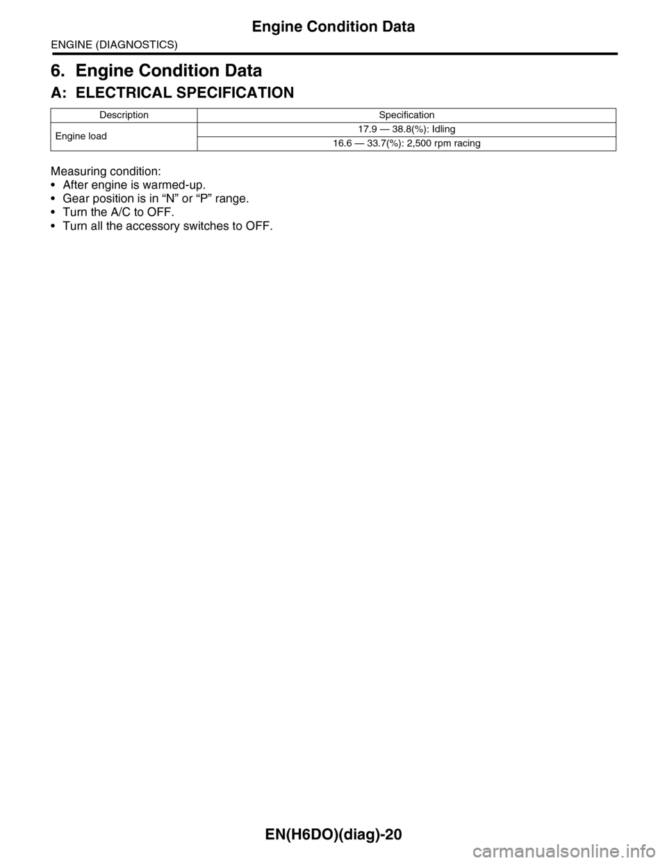 SUBARU TRIBECA 2009 1.G Service Workshop Manual EN(H6DO)(diag)-20
Engine Condition Data
ENGINE (DIAGNOSTICS)
6. Engine Condition Data
A: ELECTRICAL SPECIFICATION
Measuring condition:
•After engine is warmed-up.
•Gear position is in “N” or 
