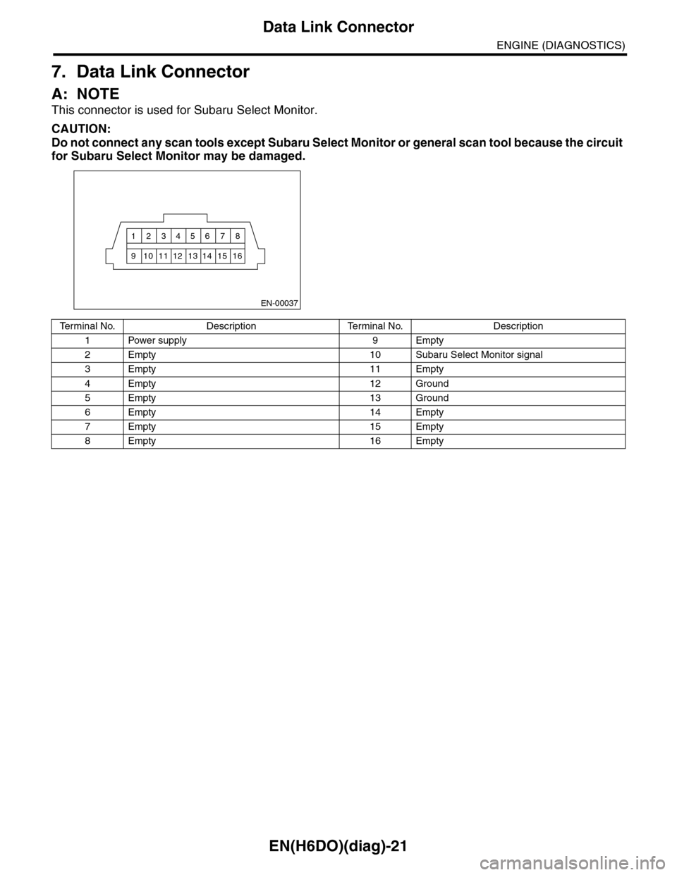 SUBARU TRIBECA 2009 1.G Service Workshop Manual EN(H6DO)(diag)-21
Data Link Connector
ENGINE (DIAGNOSTICS)
7. Data Link Connector
A: NOTE
This connector is used for Subaru Select Monitor.
CAUTION:
Do not connect any scan tools except Subaru Select 