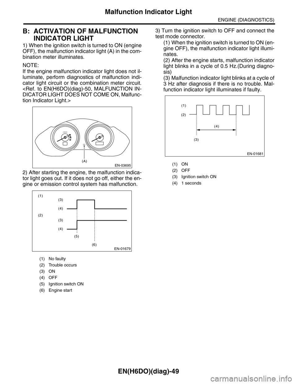 SUBARU TRIBECA 2009 1.G Service Workshop Manual EN(H6DO)(diag)-49
Malfunction Indicator Light
ENGINE (DIAGNOSTICS)
B: ACTIVATION OF MALFUNCTION 
INDICATOR LIGHT
1) When the ignition switch is turned to ON (engine
OFF), the malfunction indicator lig