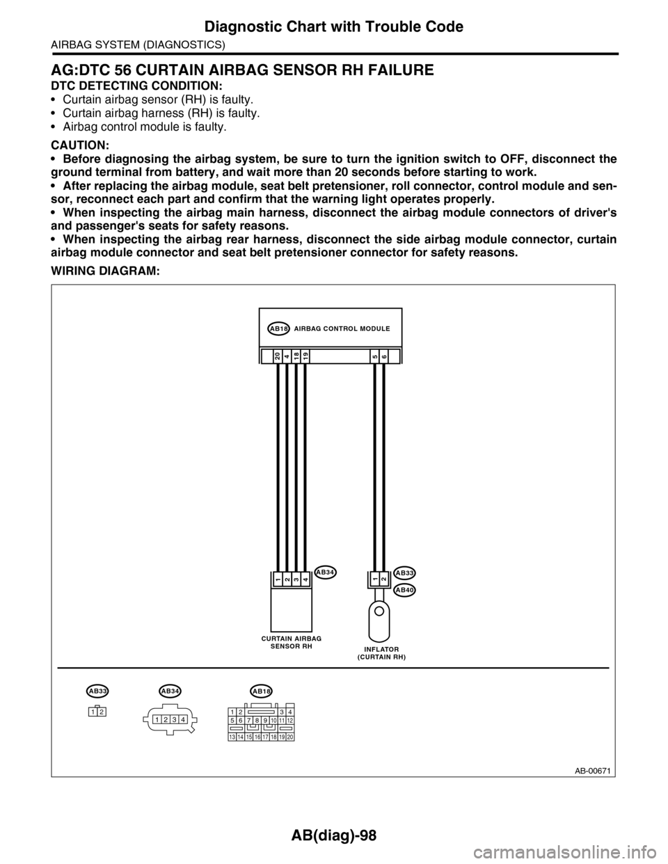 SUBARU TRIBECA 2009 1.G Service Service Manual AB(diag)-98
Diagnostic Chart with Trouble Code
AIRBAG SYSTEM (DIAGNOSTICS)
AG:DTC 56 CURTAIN AIRBAG SENSOR RH FAILURE
DTC DETECTING CONDITION:
•Curtain airbag sensor (RH) is faulty.
•Curtain airba SUBARU TRIBECA 2009 1.G Service Service Manual AB(diag)-98
Diagnostic Chart with Trouble Code
AIRBAG SYSTEM (DIAGNOSTICS)
AG:DTC 56 CURTAIN AIRBAG SENSOR RH FAILURE
DTC DETECTING CONDITION:
•Curtain airbag sensor (RH) is faulty.
•Curtain airba