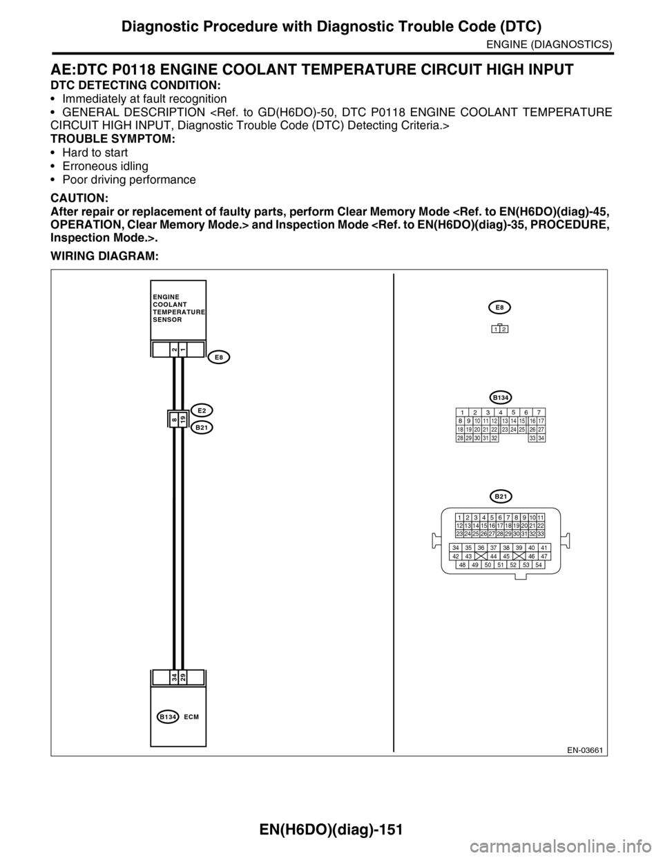 SUBARU TRIBECA 2009 1.G Service Owners Manual EN(H6DO)(diag)-151
Diagnostic Procedure with Diagnostic Trouble Code (DTC)
ENGINE (DIAGNOSTICS)
AE:DTC P0118 ENGINE COOLANT TEMPERATURE CIRCUIT HIGH INPUT
DTC DETECTING CONDITION:
•Immediately at fa SUBARU TRIBECA 2009 1.G Service Owners Manual EN(H6DO)(diag)-151
Diagnostic Procedure with Diagnostic Trouble Code (DTC)
ENGINE (DIAGNOSTICS)
AE:DTC P0118 ENGINE COOLANT TEMPERATURE CIRCUIT HIGH INPUT
DTC DETECTING CONDITION:
•Immediately at fa