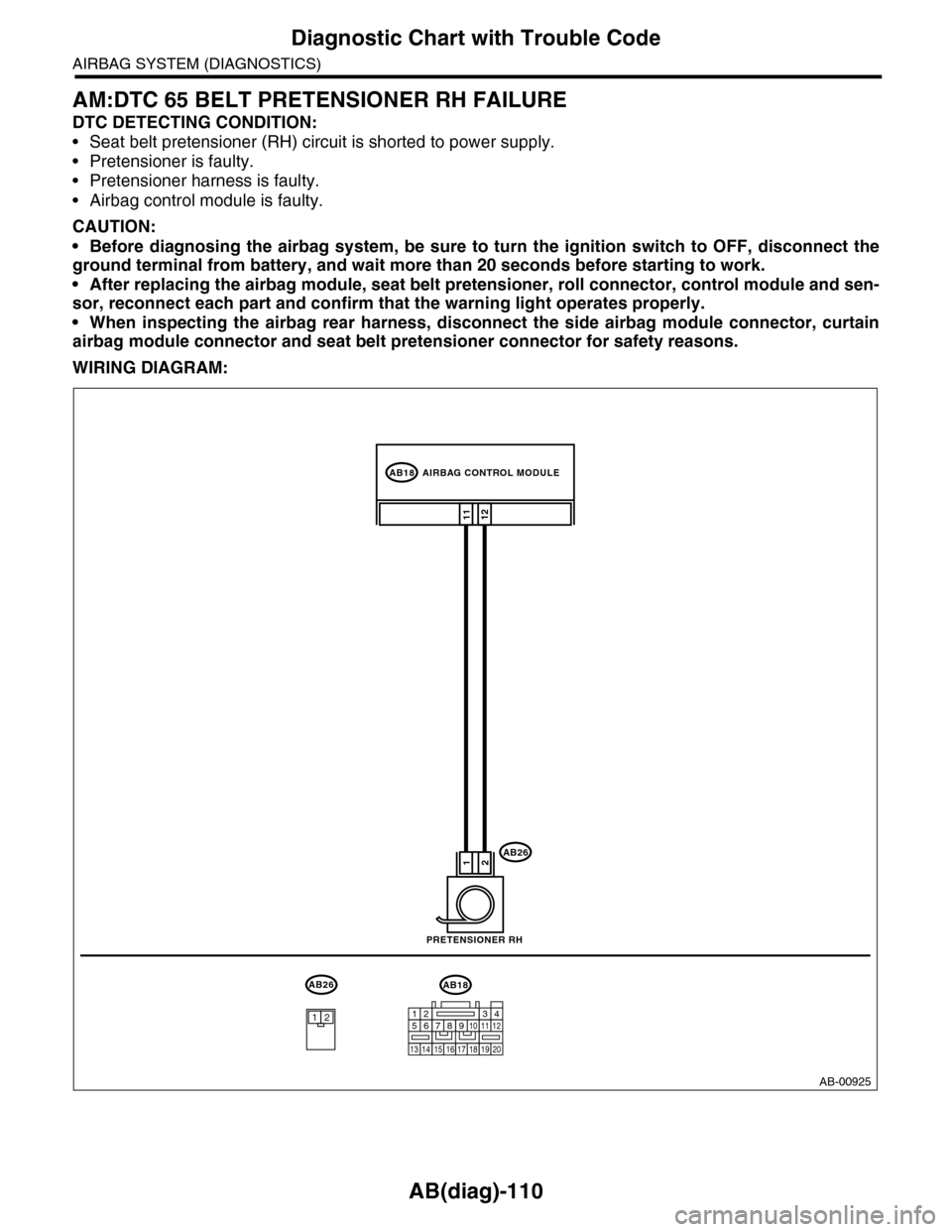 SUBARU TRIBECA 2009 1.G Service Workshop Manual AB(diag)-110
Diagnostic Chart with Trouble Code
AIRBAG SYSTEM (DIAGNOSTICS)
AM:DTC 65 BELT PRETENSIONER RH FAILURE
DTC DETECTING CONDITION:
•Seat belt pretensioner (RH) circuit is shorted to power s