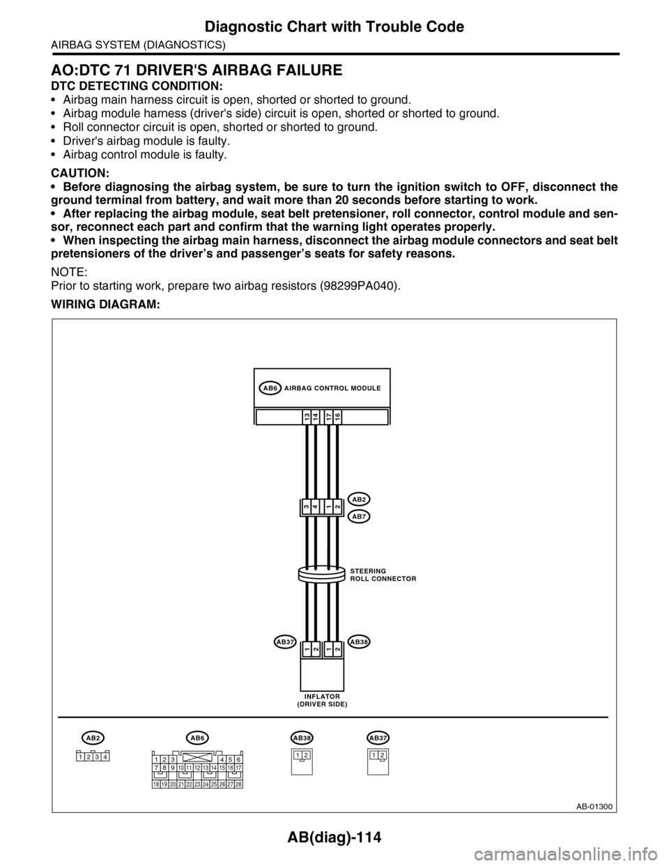 SUBARU TRIBECA 2009 1.G Service Workshop Manual AB(diag)-114
Diagnostic Chart with Trouble Code
AIRBAG SYSTEM (DIAGNOSTICS)
AO:DTC 71 DRIVERS AIRBAG FAILURE
DTC DETECTING CONDITION:
•Airbag main harness circuit is open, shorted or shorted to gro SUBARU TRIBECA 2009 1.G Service Workshop Manual AB(diag)-114
Diagnostic Chart with Trouble Code
AIRBAG SYSTEM (DIAGNOSTICS)
AO:DTC 71 DRIVERS AIRBAG FAILURE
DTC DETECTING CONDITION:
•Airbag main harness circuit is open, shorted or shorted to gro
