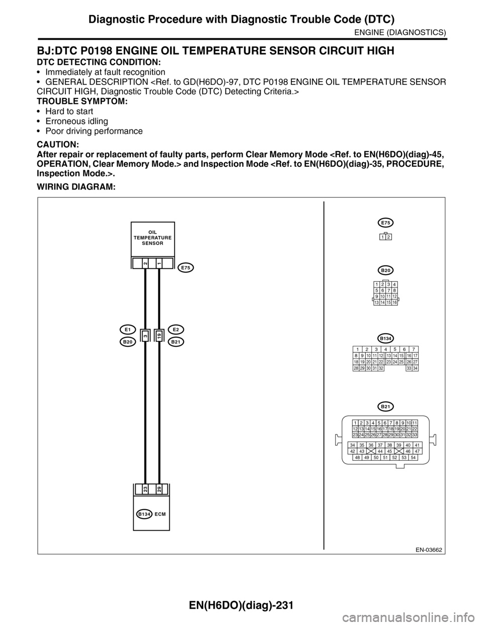 SUBARU TRIBECA 2009 1.G Service Workshop Manual EN(H6DO)(diag)-231
Diagnostic Procedure with Diagnostic Trouble Code (DTC)
ENGINE (DIAGNOSTICS)
BJ:DTC P0198 ENGINE OIL TEMPERATURE SENSOR CIRCUIT HIGH
DTC DETECTING CONDITION:
•Immediately at fault SUBARU TRIBECA 2009 1.G Service Workshop Manual EN(H6DO)(diag)-231
Diagnostic Procedure with Diagnostic Trouble Code (DTC)
ENGINE (DIAGNOSTICS)
BJ:DTC P0198 ENGINE OIL TEMPERATURE SENSOR CIRCUIT HIGH
DTC DETECTING CONDITION:
•Immediately at fault