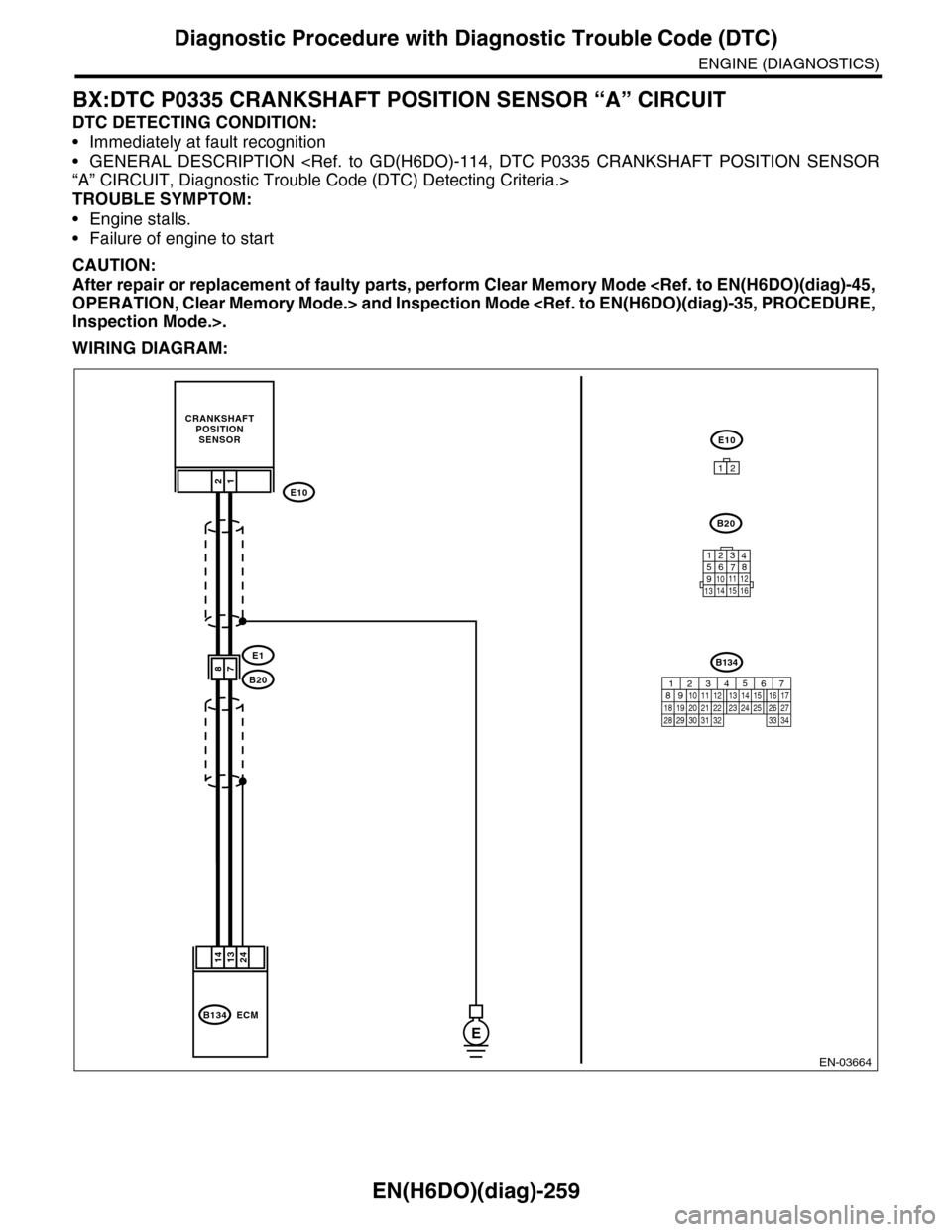 SUBARU TRIBECA 2009 1.G Service Workshop Manual EN(H6DO)(diag)-259
Diagnostic Procedure with Diagnostic Trouble Code (DTC)
ENGINE (DIAGNOSTICS)
BX:DTC P0335 CRANKSHAFT POSITION SENSOR “A” CIRCUIT
DTC DETECTING CONDITION:
•Immediately at fault SUBARU TRIBECA 2009 1.G Service Workshop Manual EN(H6DO)(diag)-259
Diagnostic Procedure with Diagnostic Trouble Code (DTC)
ENGINE (DIAGNOSTICS)
BX:DTC P0335 CRANKSHAFT POSITION SENSOR “A” CIRCUIT
DTC DETECTING CONDITION:
•Immediately at fault