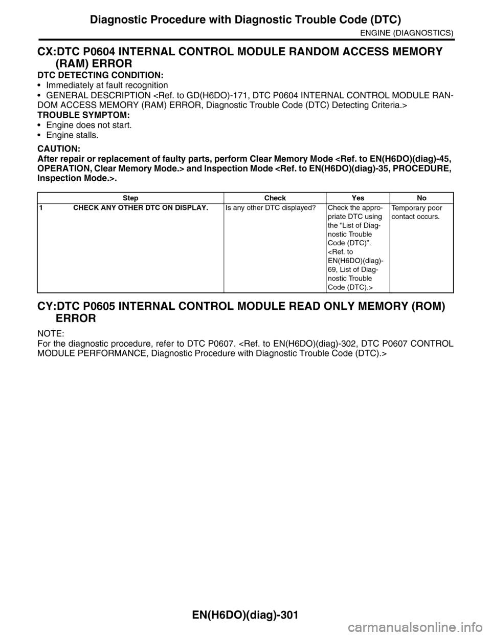 SUBARU TRIBECA 2009 1.G Service Workshop Manual EN(H6DO)(diag)-301
Diagnostic Procedure with Diagnostic Trouble Code (DTC)
ENGINE (DIAGNOSTICS)
CX:DTC P0604 INTERNAL CONTROL MODULE RANDOM ACCESS MEMORY
(RAM) ERROR
DTC DETECTING CONDITION:
•Immed SUBARU TRIBECA 2009 1.G Service Workshop Manual EN(H6DO)(diag)-301
Diagnostic Procedure with Diagnostic Trouble Code (DTC)
ENGINE (DIAGNOSTICS)
CX:DTC P0604 INTERNAL CONTROL MODULE RANDOM ACCESS MEMORY
(RAM) ERROR
DTC DETECTING CONDITION:
•Immed