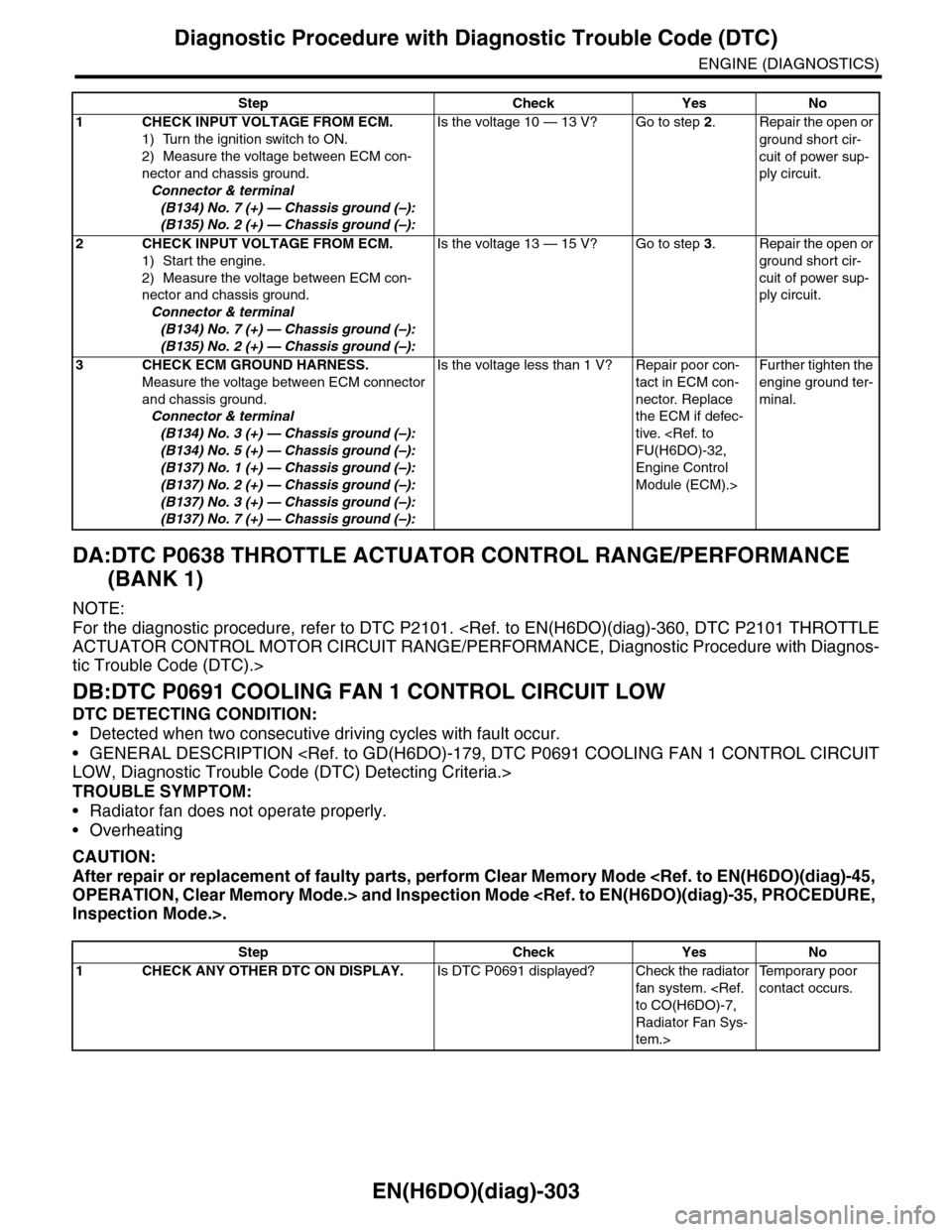 SUBARU TRIBECA 2009 1.G Service Workshop Manual EN(H6DO)(diag)-303
Diagnostic Procedure with Diagnostic Trouble Code (DTC)
ENGINE (DIAGNOSTICS)
DA:DTC P0638 THROTTLE ACTUATOR CONTROL RANGE/PERFORMANCE
(BANK 1)
NOTE:
For the diagnostic procedure, r SUBARU TRIBECA 2009 1.G Service Workshop Manual EN(H6DO)(diag)-303
Diagnostic Procedure with Diagnostic Trouble Code (DTC)
ENGINE (DIAGNOSTICS)
DA:DTC P0638 THROTTLE ACTUATOR CONTROL RANGE/PERFORMANCE
(BANK 1)
NOTE:
For the diagnostic procedure, r