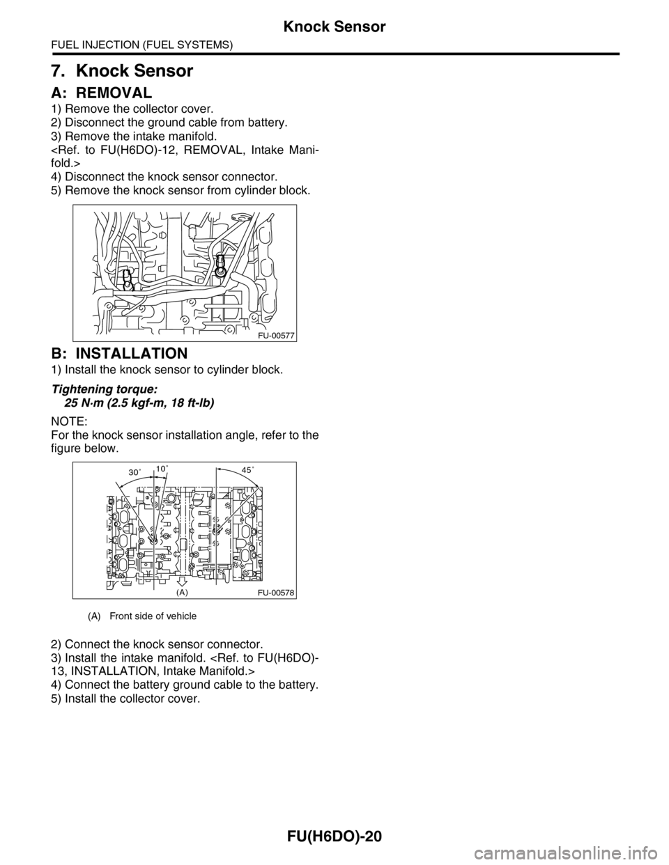 SUBARU TRIBECA 2009 1.G Service Workshop Manual FU(H6DO)-20
Knock Sensor
FUEL INJECTION (FUEL SYSTEMS)
7. Knock Sensor
A: REMOVAL
1) Remove the collector cover.
2) Disconnect the ground cable from battery.
3) Remove the intake manifold.
<Ref.  to  
