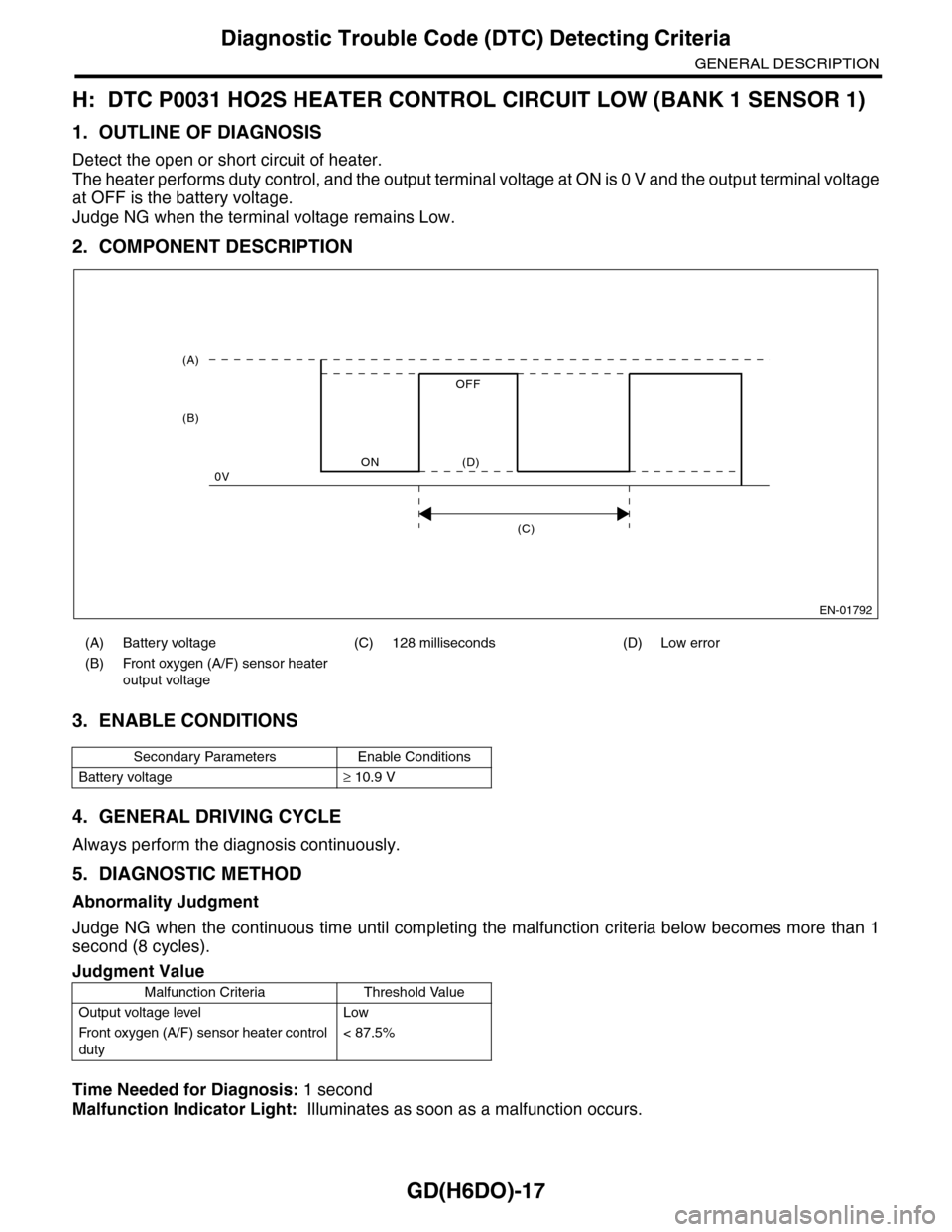 SUBARU TRIBECA 2009 1.G Service Workshop Manual GD(H6DO)-17
Diagnostic Trouble Code (DTC) Detecting Criteria
GENERAL DESCRIPTION
H: DTC P0031 HO2S HEATER CONTROL CIRCUIT LOW (BANK 1 SENSOR 1)
1. OUTLINE OF DIAGNOSIS
Detect the open or short circuit SUBARU TRIBECA 2009 1.G Service Workshop Manual GD(H6DO)-17
Diagnostic Trouble Code (DTC) Detecting Criteria
GENERAL DESCRIPTION
H: DTC P0031 HO2S HEATER CONTROL CIRCUIT LOW (BANK 1 SENSOR 1)
1. OUTLINE OF DIAGNOSIS
Detect the open or short circuit