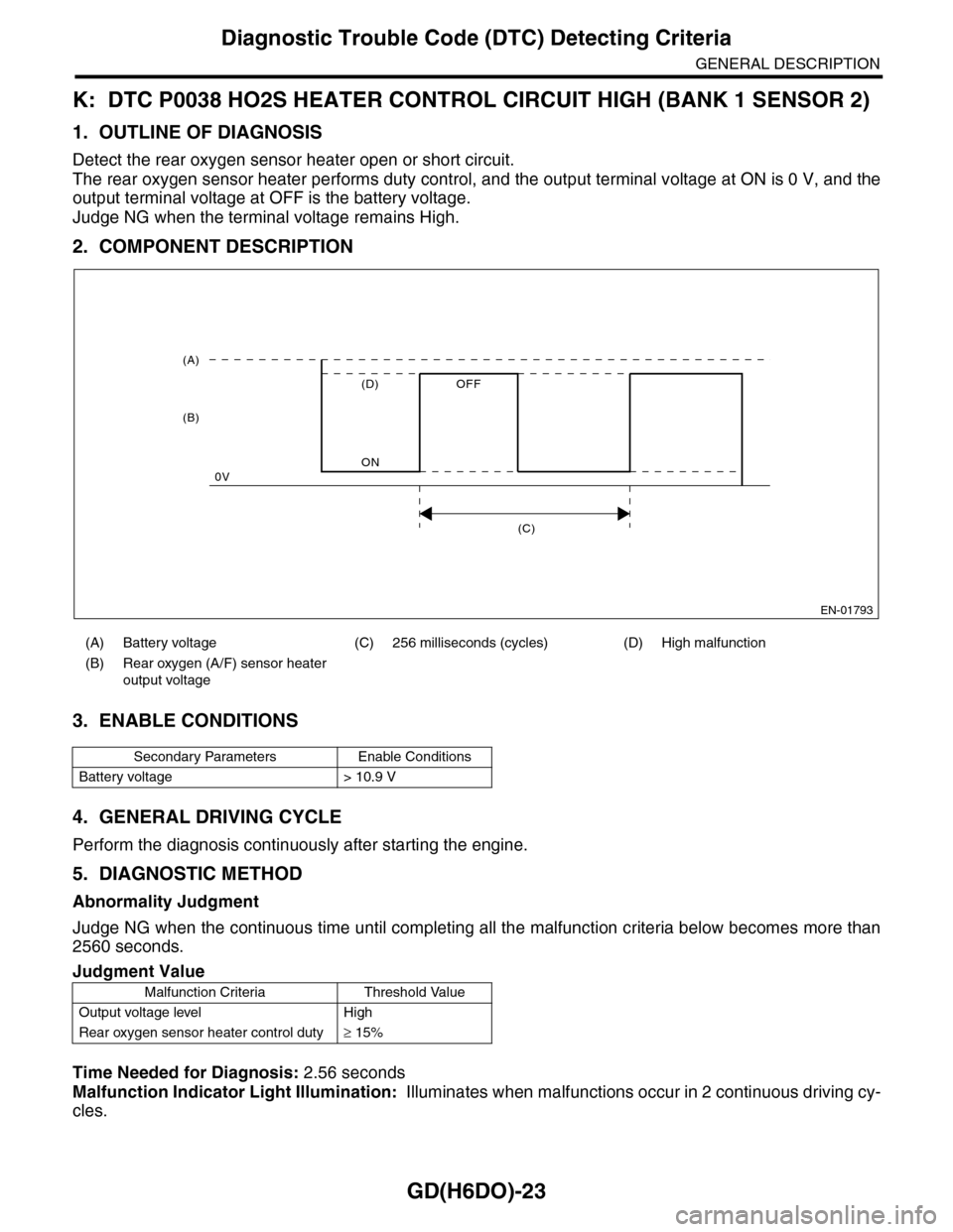 SUBARU TRIBECA 2009 1.G Service Workshop Manual GD(H6DO)-23
Diagnostic Trouble Code (DTC) Detecting Criteria
GENERAL DESCRIPTION
K: DTC P0038 HO2S HEATER CONTROL CIRCUIT HIGH (BANK 1 SENSOR 2)
1. OUTLINE OF DIAGNOSIS
Detect the rear oxygen sensor h SUBARU TRIBECA 2009 1.G Service Workshop Manual GD(H6DO)-23
Diagnostic Trouble Code (DTC) Detecting Criteria
GENERAL DESCRIPTION
K: DTC P0038 HO2S HEATER CONTROL CIRCUIT HIGH (BANK 1 SENSOR 2)
1. OUTLINE OF DIAGNOSIS
Detect the rear oxygen sensor h