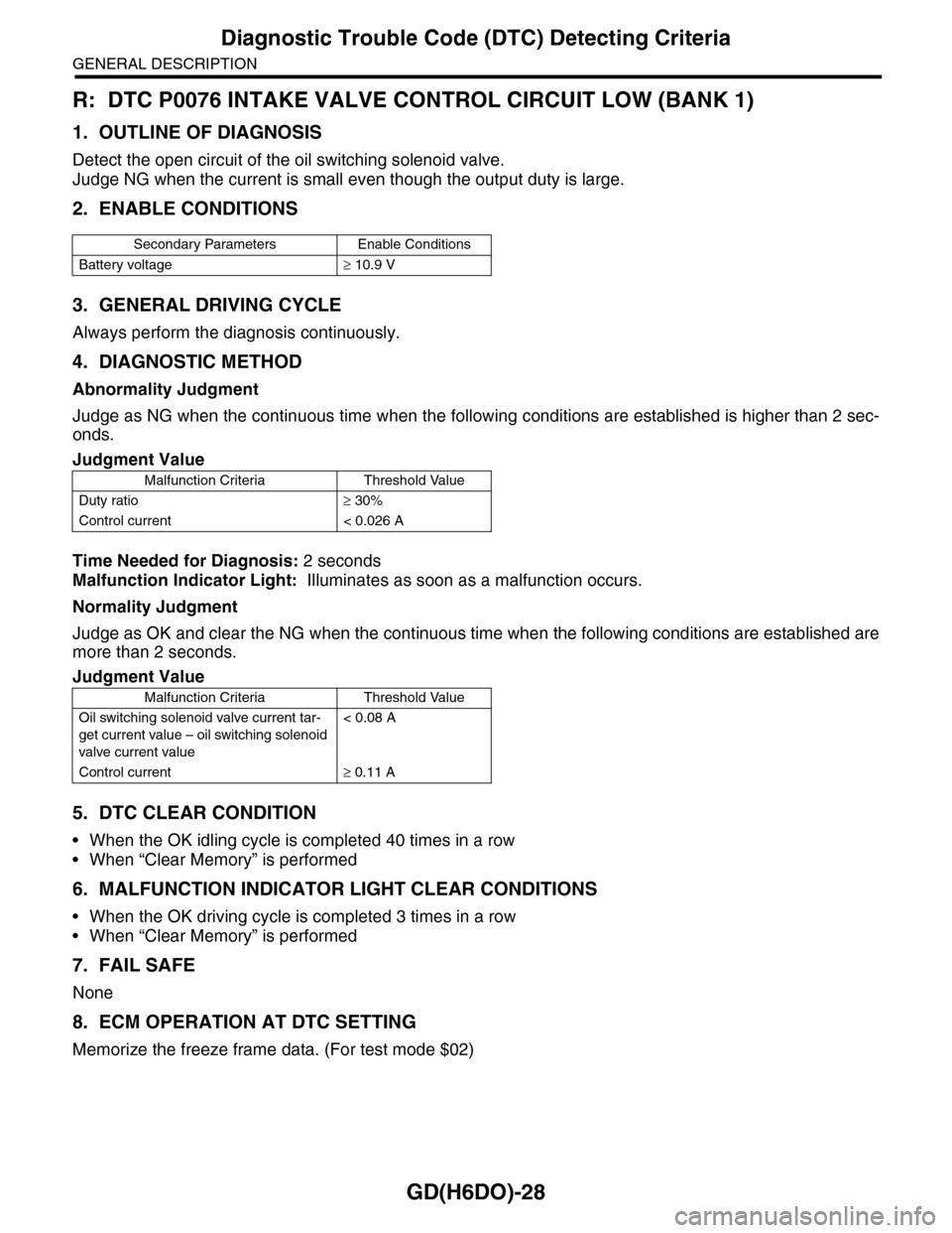 SUBARU TRIBECA 2009 1.G Service Workshop Manual GD(H6DO)-28
Diagnostic Trouble Code (DTC) Detecting Criteria
GENERAL DESCRIPTION
R: DTC P0076 INTAKE VALVE CONTROL CIRCUIT LOW (BANK 1)
1. OUTLINE OF DIAGNOSIS
Detect the open circuit of the oil switc
