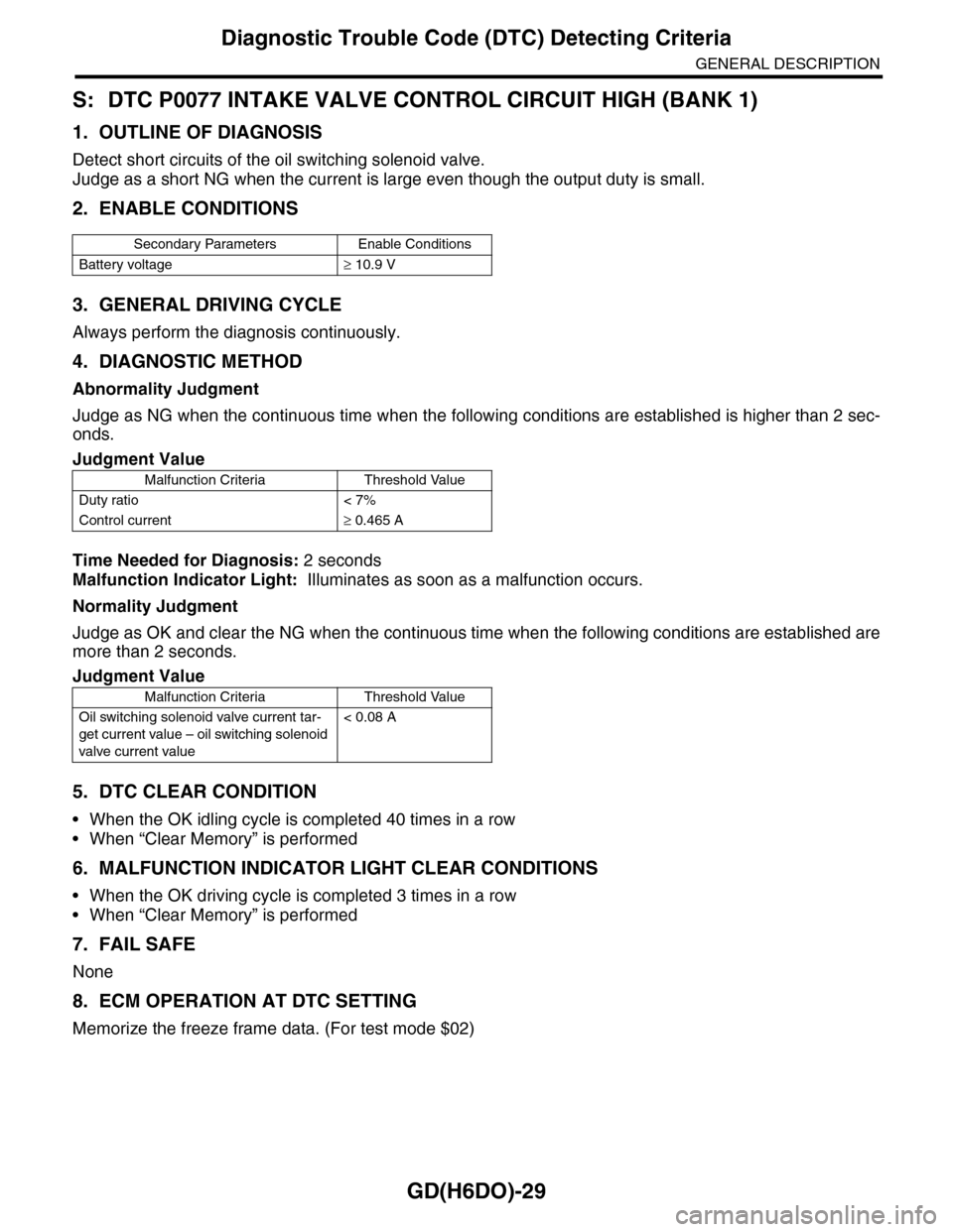 SUBARU TRIBECA 2009 1.G Service Workshop Manual GD(H6DO)-29
Diagnostic Trouble Code (DTC) Detecting Criteria
GENERAL DESCRIPTION
S: DTC P0077 INTAKE VALVE CONTROL CIRCUIT HIGH (BANK 1)
1. OUTLINE OF DIAGNOSIS
Detect short circuits of the oil switch