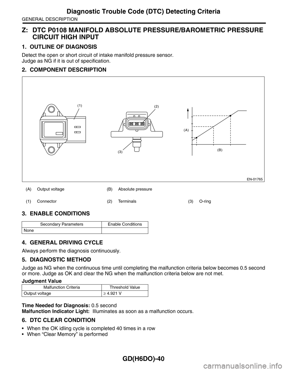 SUBARU TRIBECA 2009 1.G Service Workshop Manual GD(H6DO)-40
Diagnostic Trouble Code (DTC) Detecting Criteria
GENERAL DESCRIPTION
Z: DTC P0108 MANIFOLD ABSOLUTE PRESSURE/BAROMETRIC PRESSURE
CIRCUIT HIGH INPUT
1. OUTLINE OF DIAGNOSIS
Detect the open SUBARU TRIBECA 2009 1.G Service Workshop Manual GD(H6DO)-40
Diagnostic Trouble Code (DTC) Detecting Criteria
GENERAL DESCRIPTION
Z: DTC P0108 MANIFOLD ABSOLUTE PRESSURE/BAROMETRIC PRESSURE
CIRCUIT HIGH INPUT
1. OUTLINE OF DIAGNOSIS
Detect the open