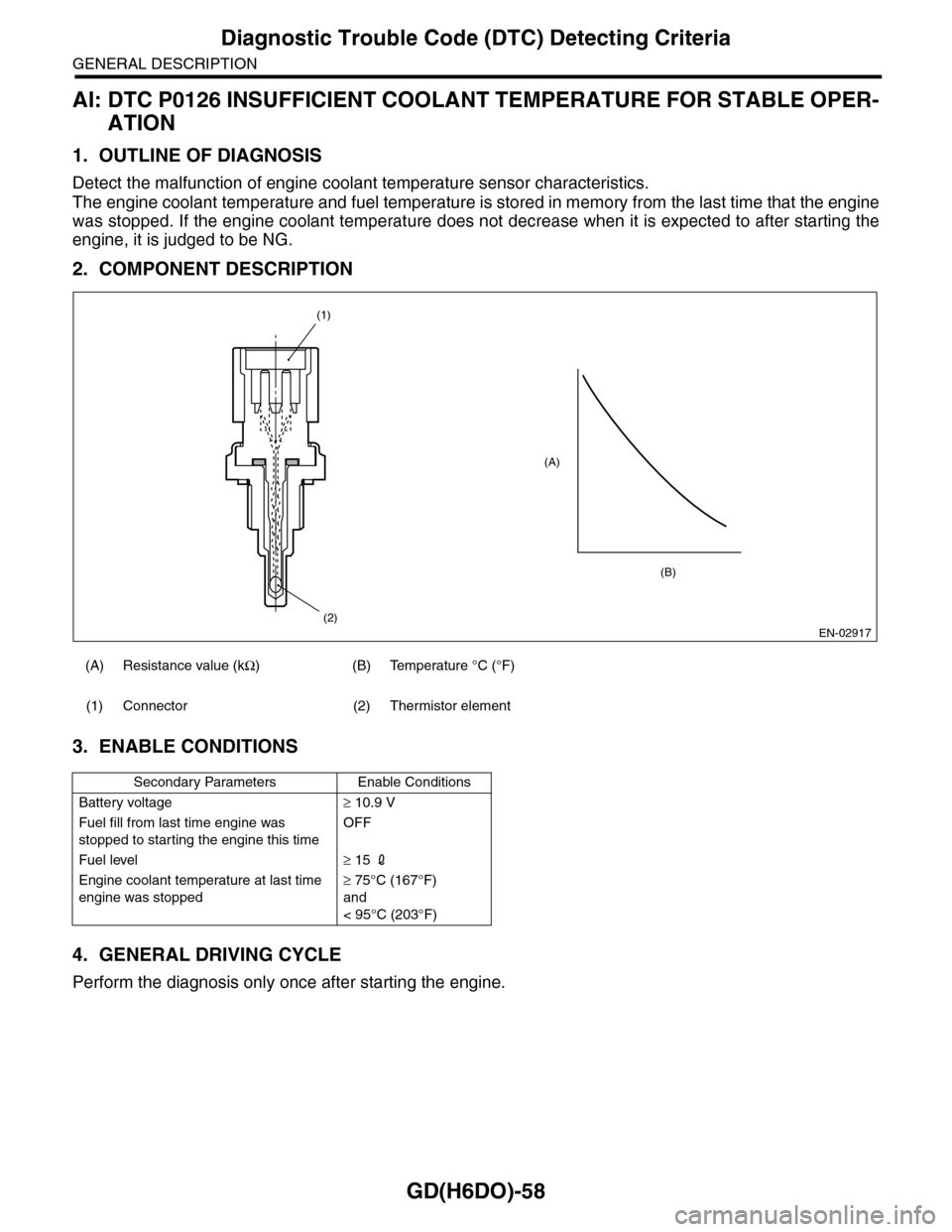 SUBARU TRIBECA 2009 1.G Service Workshop Manual GD(H6DO)-58
Diagnostic Trouble Code (DTC) Detecting Criteria
GENERAL DESCRIPTION
AI: DTC P0126 INSUFFICIENT COOLANT TEMPERATURE FOR STABLE OPER-
ATION
1. OUTLINE OF DIAGNOSIS
Detect the malfunction of