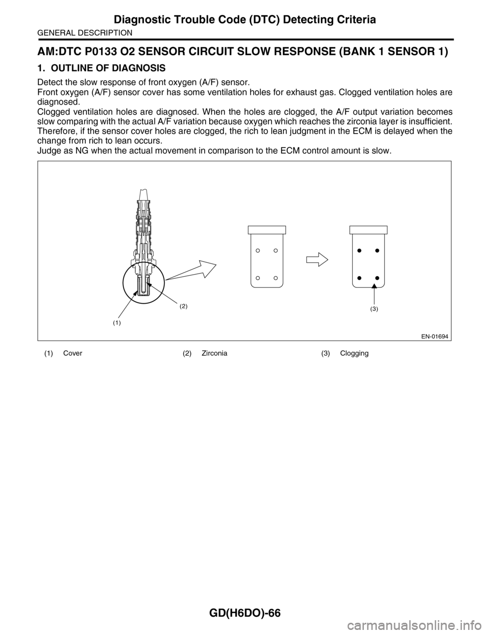 SUBARU TRIBECA 2009 1.G Service Workshop Manual GD(H6DO)-66
Diagnostic Trouble Code (DTC) Detecting Criteria
GENERAL DESCRIPTION
AM:DTC P0133 O2 SENSOR CIRCUIT SLOW RESPONSE (BANK 1 SENSOR 1)
1. OUTLINE OF DIAGNOSIS
Detect the slow response of fron SUBARU TRIBECA 2009 1.G Service Workshop Manual GD(H6DO)-66
Diagnostic Trouble Code (DTC) Detecting Criteria
GENERAL DESCRIPTION
AM:DTC P0133 O2 SENSOR CIRCUIT SLOW RESPONSE (BANK 1 SENSOR 1)
1. OUTLINE OF DIAGNOSIS
Detect the slow response of fron