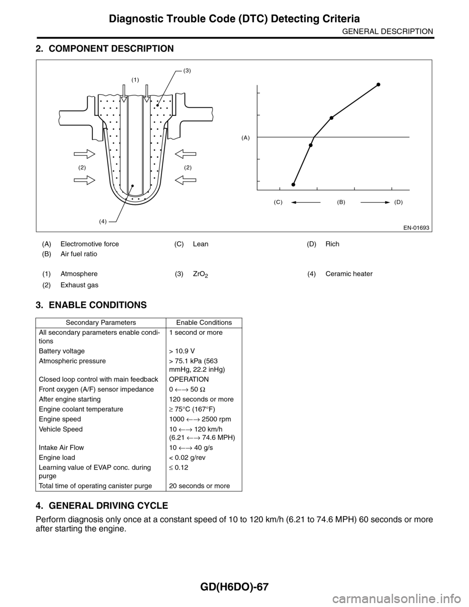 SUBARU TRIBECA 2009 1.G Service Workshop Manual GD(H6DO)-67
Diagnostic Trouble Code (DTC) Detecting Criteria
GENERAL DESCRIPTION
2. COMPONENT DESCRIPTION
3. ENABLE CONDITIONS
4. GENERAL DRIVING CYCLE
Perform diagnosis only once at a constant speed 