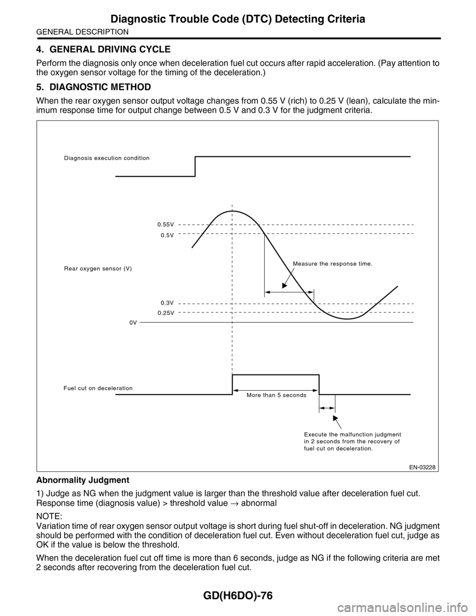 SUBARU TRIBECA 2009 1.G Service Workshop Manual GD(H6DO)-76
Diagnostic Trouble Code (DTC) Detecting Criteria
GENERAL DESCRIPTION
4. GENERAL DRIVING CYCLE
Perform the diagnosis only once when deceleration fuel cut occurs after rapid acceleration. (P SUBARU TRIBECA 2009 1.G Service Workshop Manual GD(H6DO)-76
Diagnostic Trouble Code (DTC) Detecting Criteria
GENERAL DESCRIPTION
4. GENERAL DRIVING CYCLE
Perform the diagnosis only once when deceleration fuel cut occurs after rapid acceleration. (P